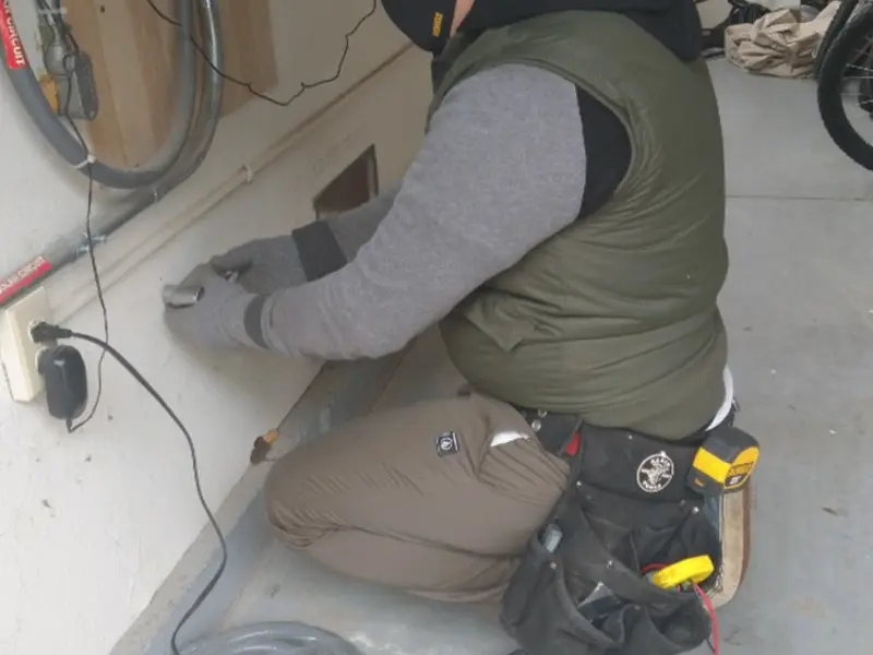 Electrician performing outlet wiring in a Ellenville garage